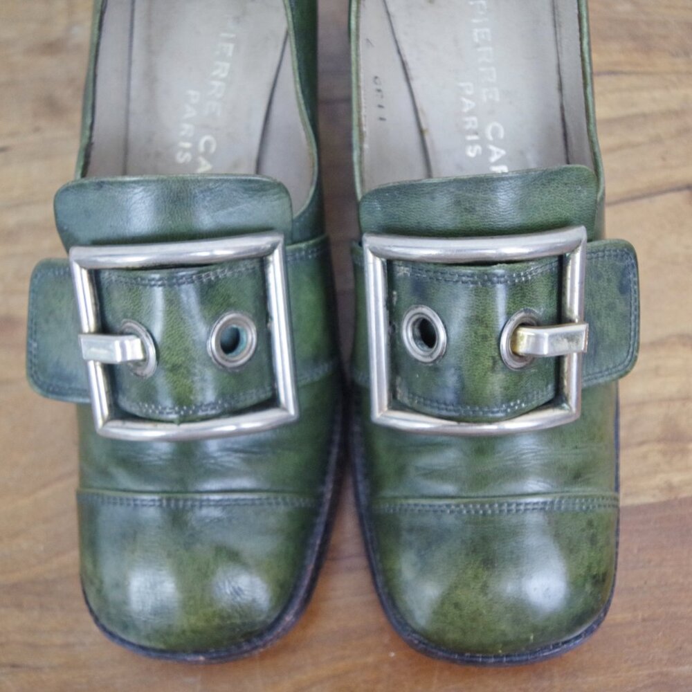 60's Vintage Pierre Cardin Paris Green Leather Buckle Front Heels 7AA - Picture 9 of 12